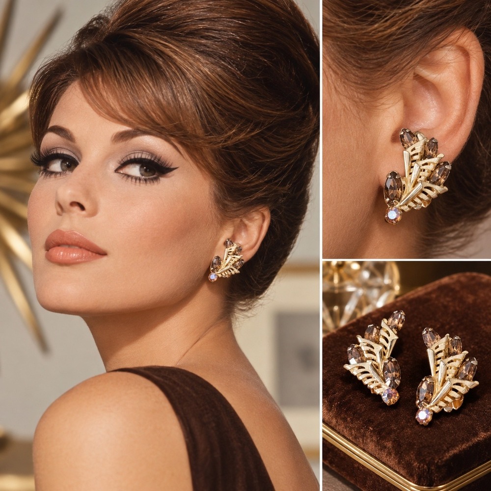 Vintage Gold Tone Smoky Topaz AB Rhinestone Leaf Clip On Earrings MCM Retro Glam
